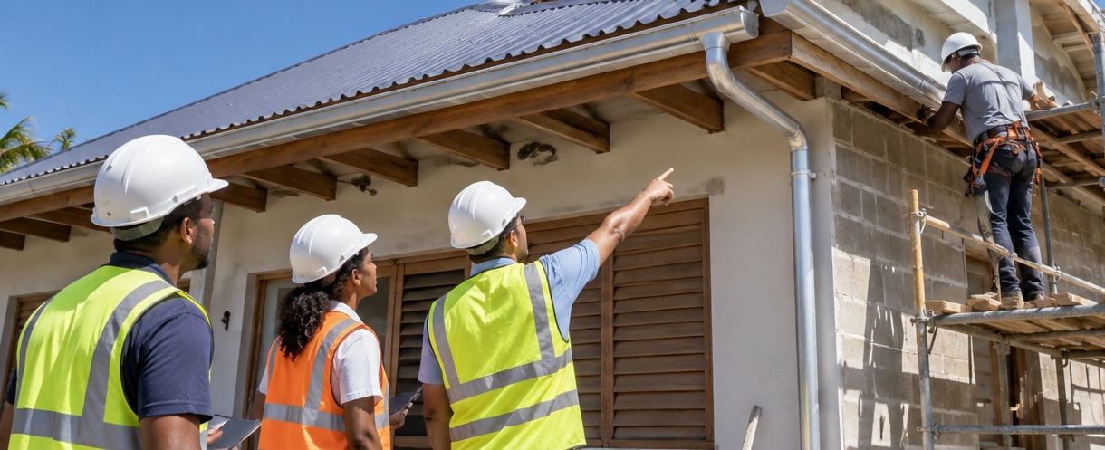 Professionnels du bâtiment inspectant une maison en réparation. Illustration réalisée par IA